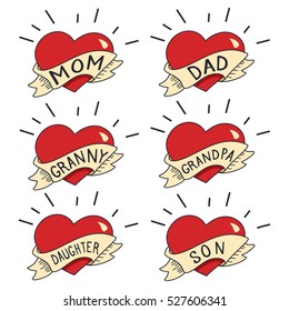 Old School Tattoo vector set isolated on white background. Heart with ribbon and the words mom, dad, daughter, son, grandpa and granny.