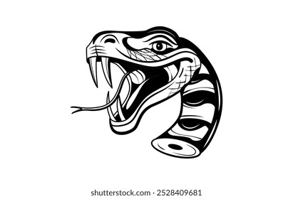 Tatuaje de la vieja escuela de una serpiente venenosa con colmillos desnudos y la lengua fuera, listo para golpear, en un estilo de tatuaje de la vieja escuela. Arte de la calle, tatuaje flash brutalismo, ilustración en blanco y negro, gráfico de Vector