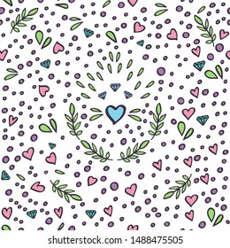 Old school tattoo vintage pattern. Floral pattern with hearts, leafs, diamonds and dots. Vector texture for textile, wrapping, fabric, wallpapers and other surfaces. Day of the dead style background.
