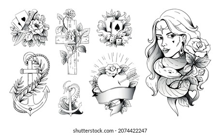 Old school tattoo  Vintage traditional body prints and rose   anchor  Playing cards   knife tattooing  Serpent hearts sketches  Vector retro black cartoon classic drawing set