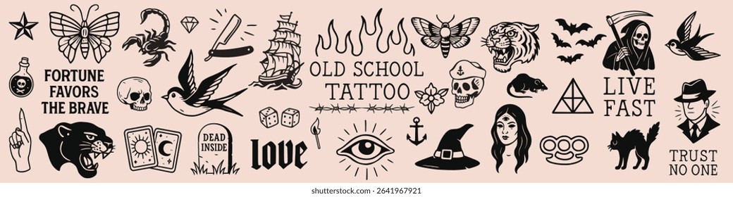 Old School Tattoo vs Y2K Gothic Aesthetic – Vector Sticker Set of Butterflies, Crosses, Fire, Hearts, Roses and Skull