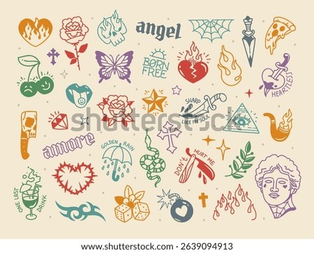 Old school tattoo vs Y2k gothic tattoo designs and elements pattern collection. Temporary tattoo colorful designs. Aesthetic 2000s gothic opium set of criminal style elements