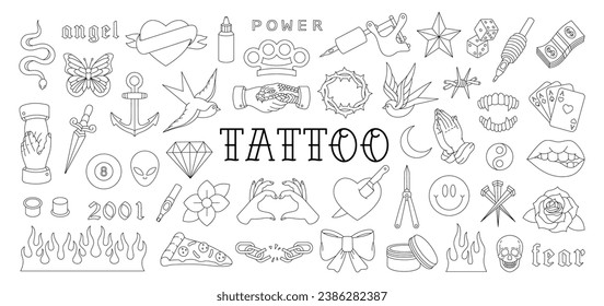 Old school tattoos outline set. Various old school tattoos. Swallow, rose, heart, knife, anchor, skull, hands, flowers, snake. Vector illustration.