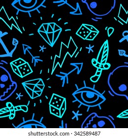 Old school tattoos pattern. Hand drawn background in blue colors
