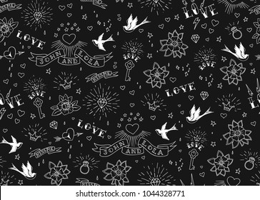 Old school tattoos seamles pattern with birds, flowers, roses and hearts. Love and wedding theme. Black and white traditional tattoo design. Vector illustration.