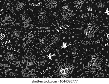 Old school tattoos seamles pattern with birds, flowers, roses and hearts. Love and wedding theme. Black and white traditional tattoo design. Vector illustration.