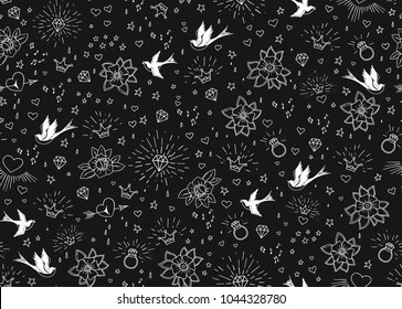 Old school tattoos seamles pattern with birds, flowers, roses and hearts. Love and wedding theme. Black and white traditional tattoo design. Vector illustration.