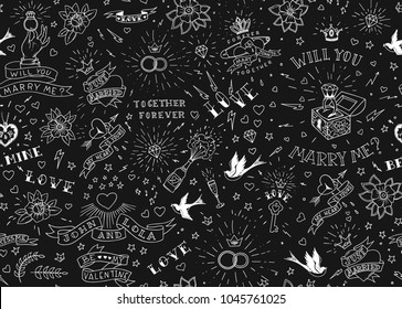 Old school tattoos seamles pattern with birds, flowers, roses and hearts. Love and wedding theme. Black and white traditional tattoo design. Vector illustration.