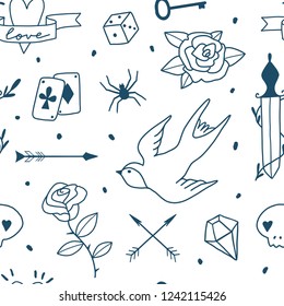 Old school tattoos seamless pattern: roses, skull, crystal, arrows, swallow. Hand drawn vector illustration. Tradition tattoo ink design. Texture for textile, fabric, wrapping paper