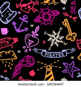 Old school tattoos seamless pattern. Hand drawn vector background.