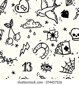 Old school tattoos seamless pattern. Hand drawn vector background.