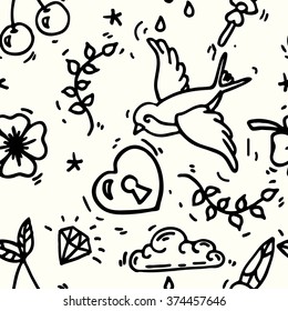 Old school tattoos seamless pattern. Hand drawn vector background.