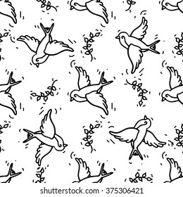 Old school tattoos seamless pattern with birds. Hand drawn vector background.