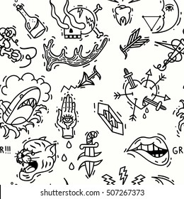 Old school tattoos seamless pattern. Hand drawn vector background.
