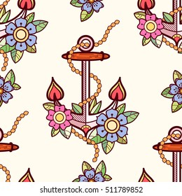 Old school tattoos seamless pattern with flowers and anchor. Tradition tattoo ink design.