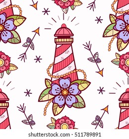 Old school tattoos seamless pattern with lighthouse,  flowers and arrows. Tradition tattoo ink design.