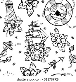 Old school tattoos seamless pattern with lifebuoy, lighthouse, ship, flowers, rope, arrows and anchor. Tradition tattoo ink design.