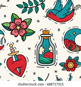 Old school tattoos seamless pattern. Hand drawn vector background.
Tradition tattoo ink design.