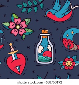 Old school tattoos seamless pattern. Hand drawn vector background.
Tradition tattoo ink design.