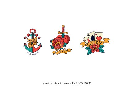 Old School Tattoos Set, Anchor, Love, Lucky Vintage Style Tattoo Vector Illustration