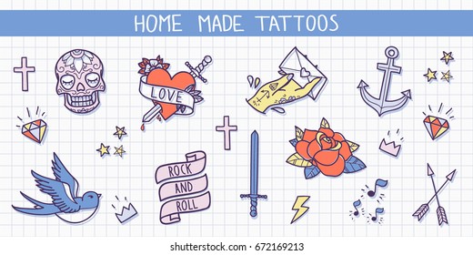 Old school tattoos set. Cartoon vector tattoo elements in funny style: anchor, dagger, skull, flower, star, heart, diamond, scull and swallow. Doodle in exercise book style