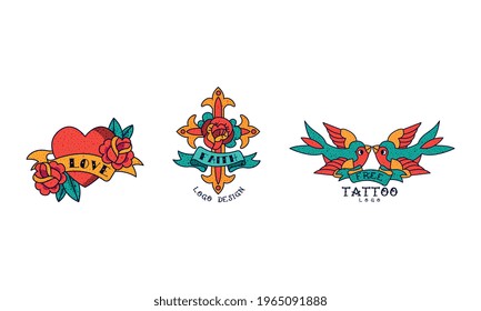 Old School Tattoos Set, Love, Faith, Free Vintage Style Tattoo Vector Illustration