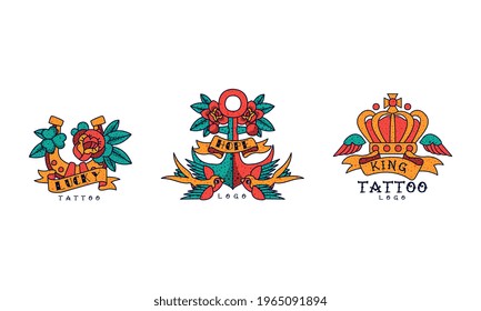 Old School Tattoos Set, Lucky, Hope, King Vintage Style Tattoo Vector Illustration