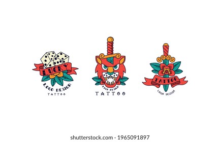 Old School Tattoos Set, Lucky, Lion, Dagger, Vintage Style Tattoo Vector Illustration
