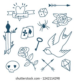 Old school tattoos set: roses, skull, crystal, arrows, swallow. Hand drawn vector illustration. Tradition tattoo ink design. Element for logo, label, emblem, sign, patches, stickers set