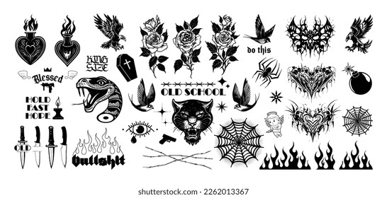 Old school tattoos, y2k, Neo tribal. Skull style butterfly, severed snake head, panther head, round web, swallows, roses, hearts, daggers, fire and more. Classic old school tattoos, Neo tribal, y2k.