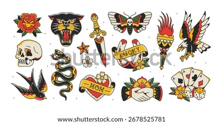 Old school temporary Tattoo art Collection for Rock stickers and apparel print dsgn (part 1). Colorful Tattoo Rock symbols and old school set of Eagle, Panther head, butterfly, playing cards, skull	
