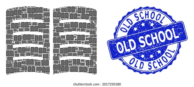 Colegio Viejo texturado sello de sellado redondo y mosaico de recursión vectorial libro abierto. El sello azul tiene la etiqueta de la vieja escuela dentro de la forma de círculo. El collage de vectores se realiza con elementos de libro abiertos al azar.