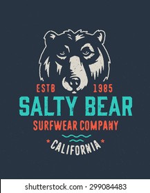Old School textured t shirt graphics apparel fashion print. Retro typographic badge design. Salty Bear Surf wear Company. Vintage americana style. Vector Illustration.