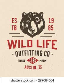 Old School textured t shirt graphics apparel fashion print. Retro typographic badge design. Wild Life Outfitting company. Vintage americana style. Vector Illustration.