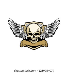 old school theme skull head with wing badge logo vector template