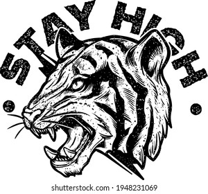 Ilustración de la cabeza del tigre de la vieja escuela. Vector texturizado en blanco y negro. Grunge diseño aislado. Perfecto para tatuarse y vestirse.
