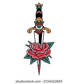 Old School Traditional Dagger And Rose Icon Isolated Vector Illustration