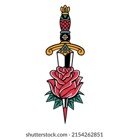 Ilustración de vectores aislados de daga tradicional de la vieja escuela e icono de rosa