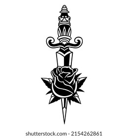 Old School Traditional Dagger And Rose Icon Isolated Vector Illustration