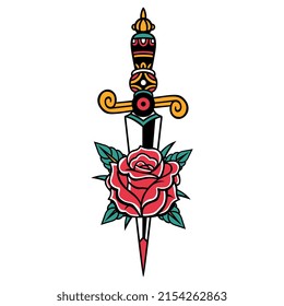Ilustración de vectores aislados de daga tradicional de la vieja escuela e icono de rosa