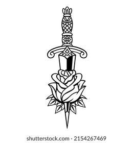 Ilustración de vectores aislados de daga tradicional de la vieja escuela e icono de rosa
