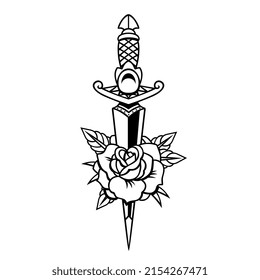 Old School Traditional Dagger And Rose Icon Isolated Vector Illustration