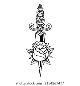 Old School Traditional Dagger And Rose Icon Isolated Vector Illustration