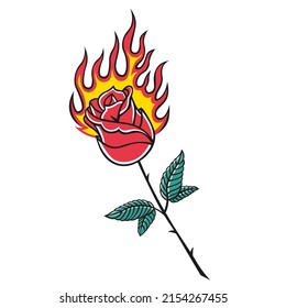 Old School Traditional Rose In Flames Tattoo Icon Isolated Vector Illustration