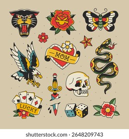 Antiga escola tradicional tatuagem arte coleção para autocolantes e vestuário design de impressão. Símbolos tradicionais tradicionais da pedra da tatuagem e o conjunto velho da escola da águia, a cabeça da calça, a borboleta, as cartas de jogo, o crânio