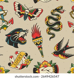 Old school traditional tattoo designs for clothing print design. Traditional tattoo art seamless pattern of symbols, decoration elements. Vintage tattoo aesthetics for  print fabric and apparel design