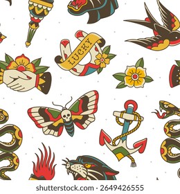 Old school traditional tattoo designs for clothing print design. Fashion seamless pattern of Traditional tattoo art decoration elements. Vintage tattoo elements for  print fabric, apparel design
