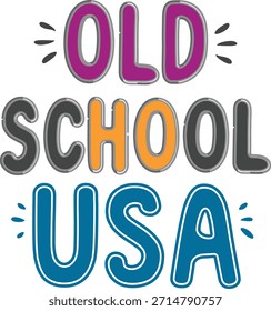 Old School U S Um texto com laranja roxo e letras azuis e cinza contornos T-shirt letras.