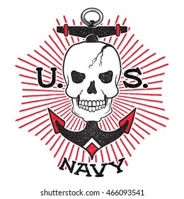 Old school US Navy design. Skull with an anchor on a background of the sun's rays. Isolated on white background.