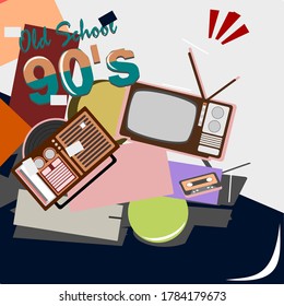 Old School vector. Retro Music Design template , Retro Style 90s, celebration light banner, tape recorder  signboard, advertising. Vector. Billboard
